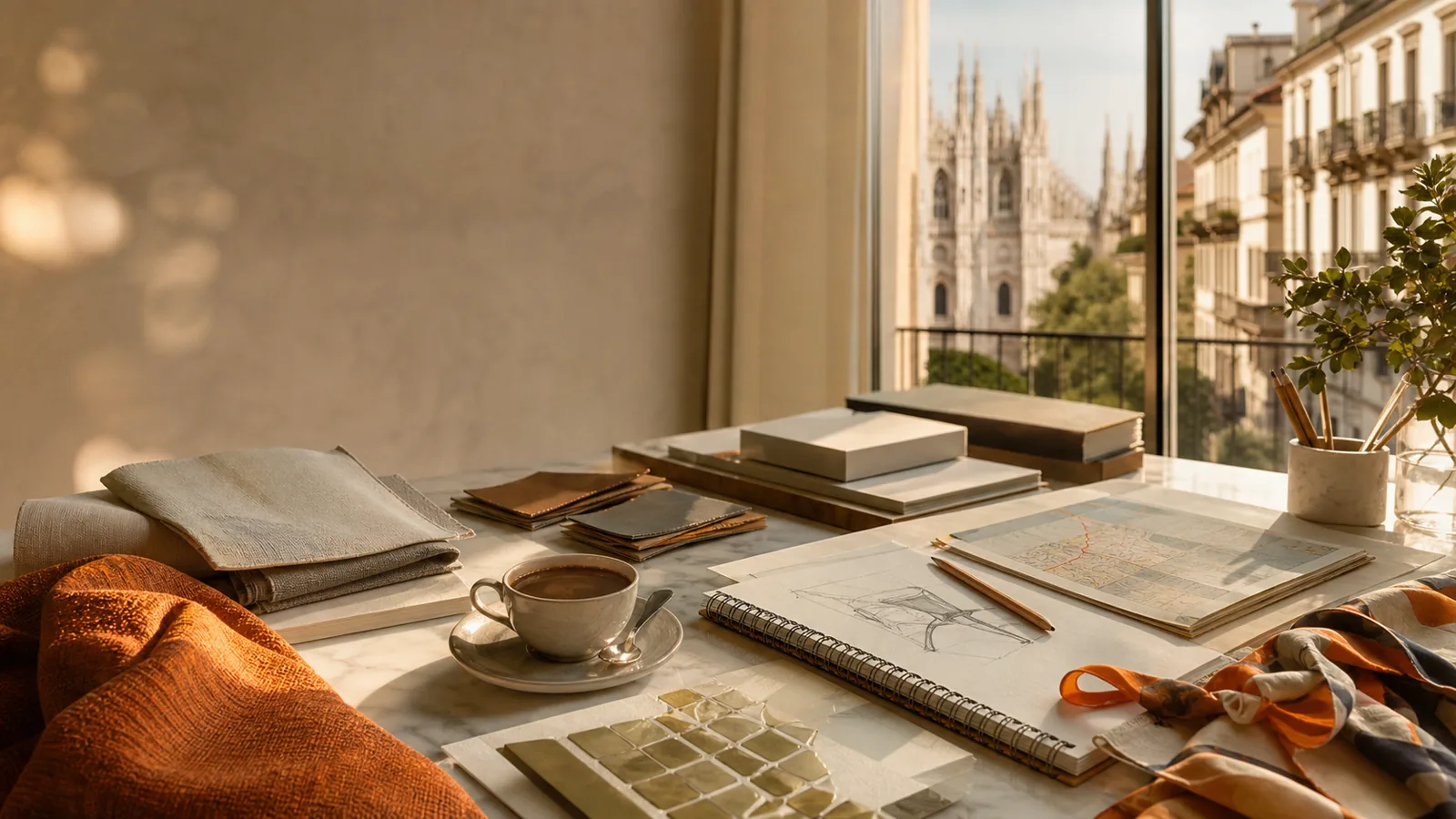 A polished Milan design studio table with fabric, leather, a sketchbook, espresso, and the Duomo softly visible through a window.
