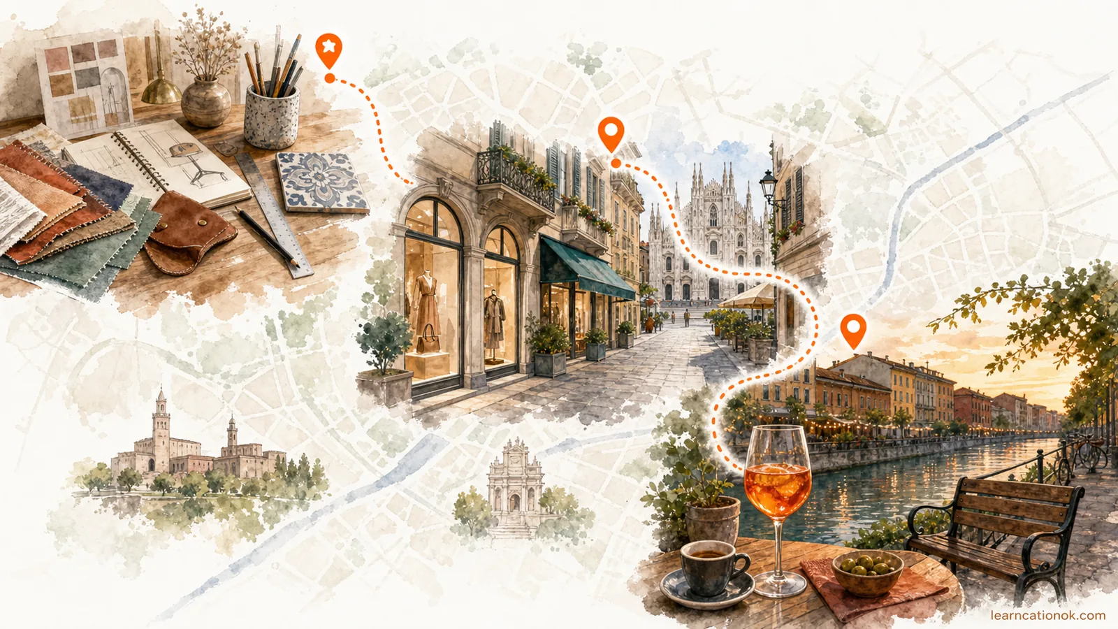 A Milan creative afternoon route showing a design workshop, fashion walk, and soft canal reset connected by an orange dotted line.