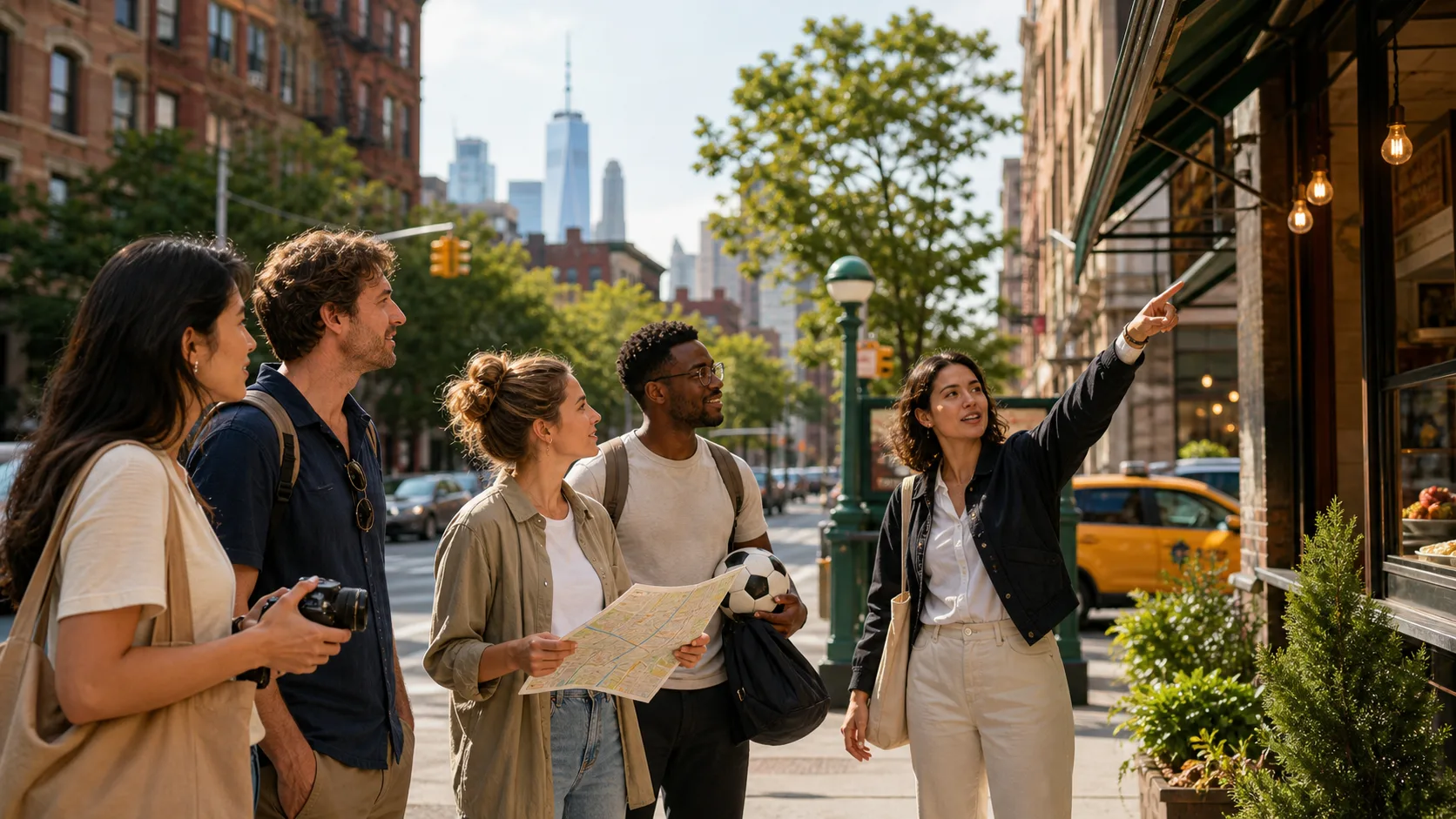 International travelers on a New York City neighborhood food walk with a camera, map, and plain soccer ball during World Cup 2026.