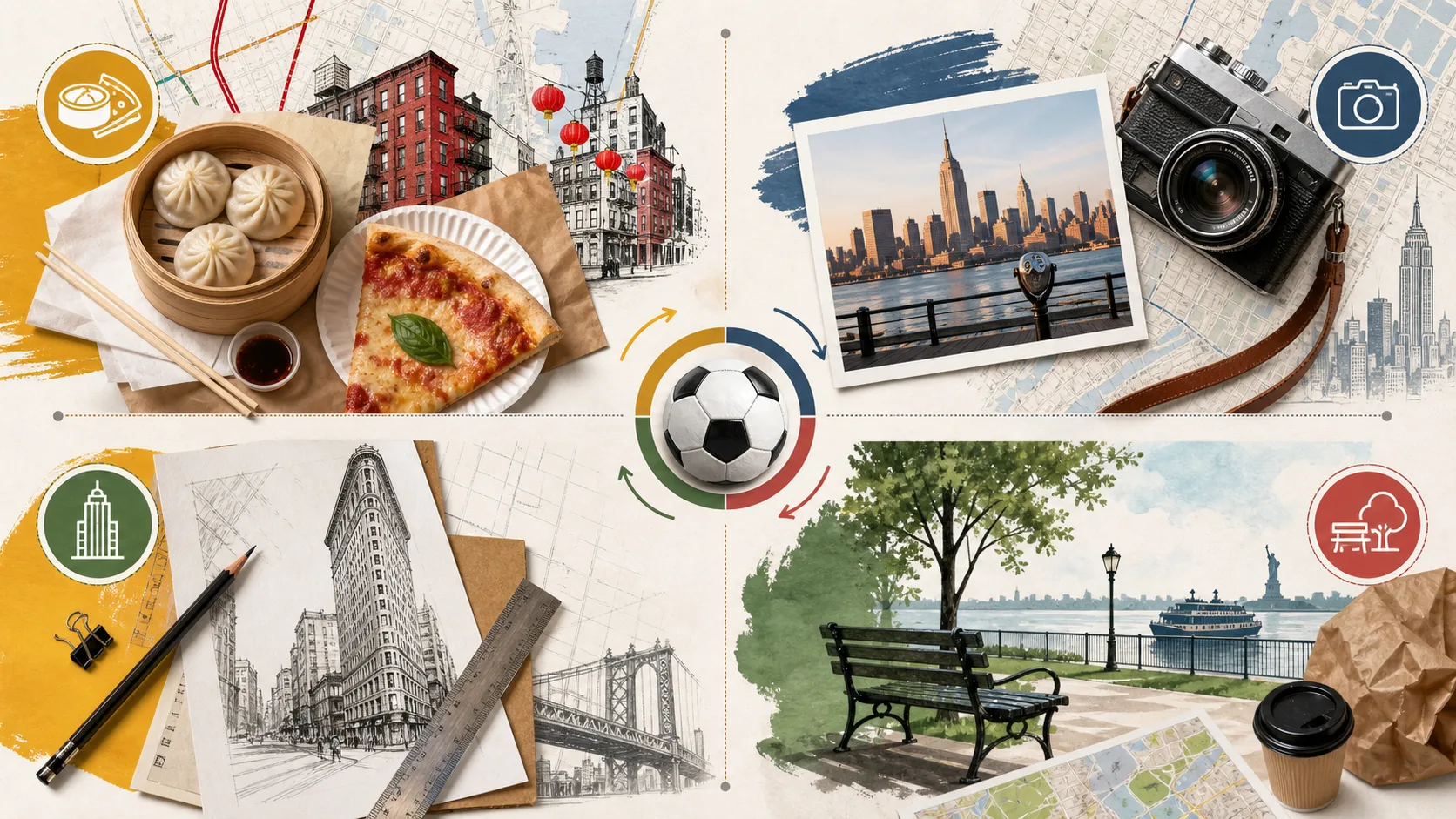 New York City non-match day decision visual showing food tour, photography walk, architecture tour, and waterfront reset.