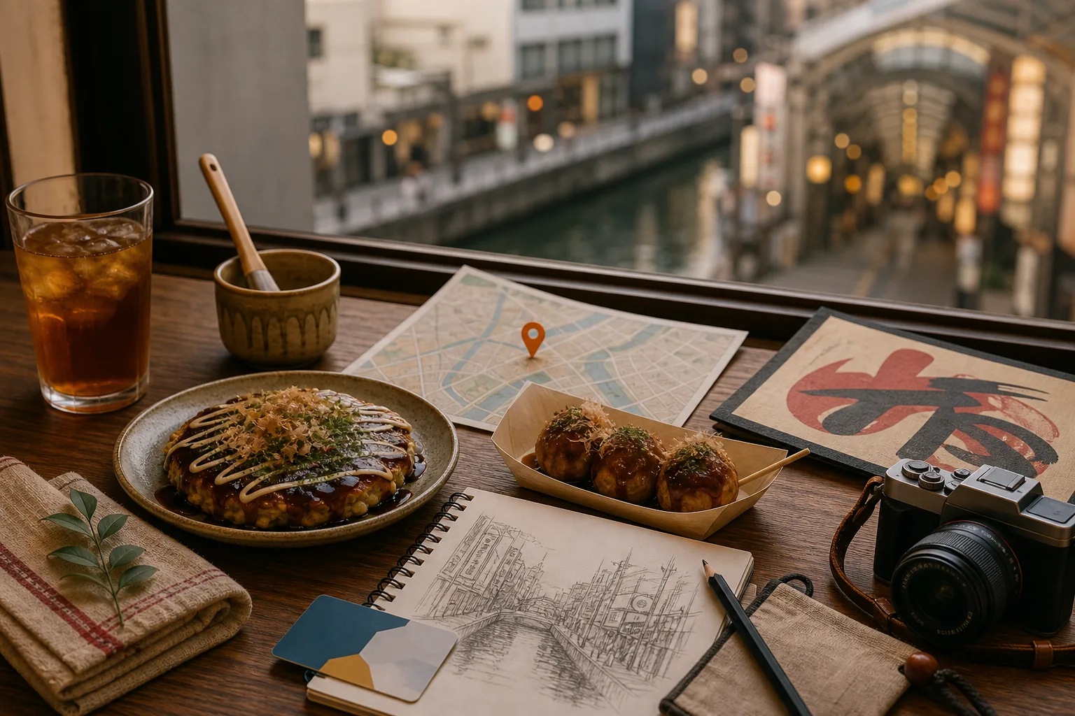 A low-energy Osaka food day planning table with okonomiyaki, takoyaki, iced tea, a route map, a sketchbook, a camera, and a soft canal view.