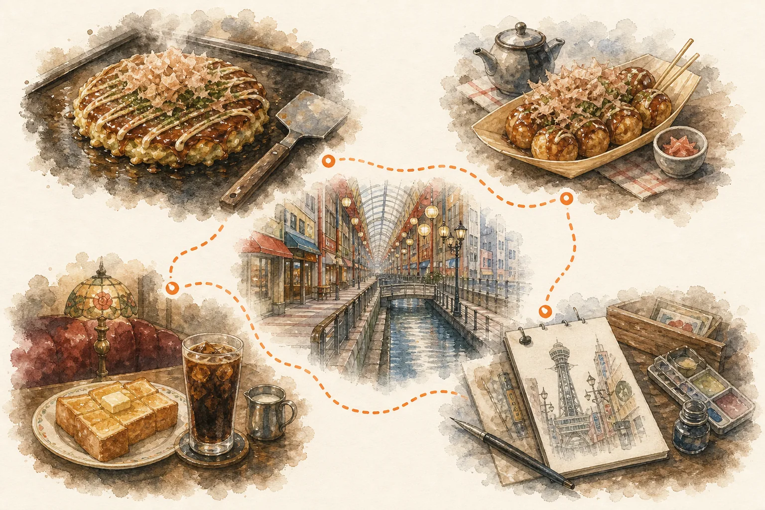 A low-energy Osaka route showing one food anchor, one soft fun stop, and one rest reset.