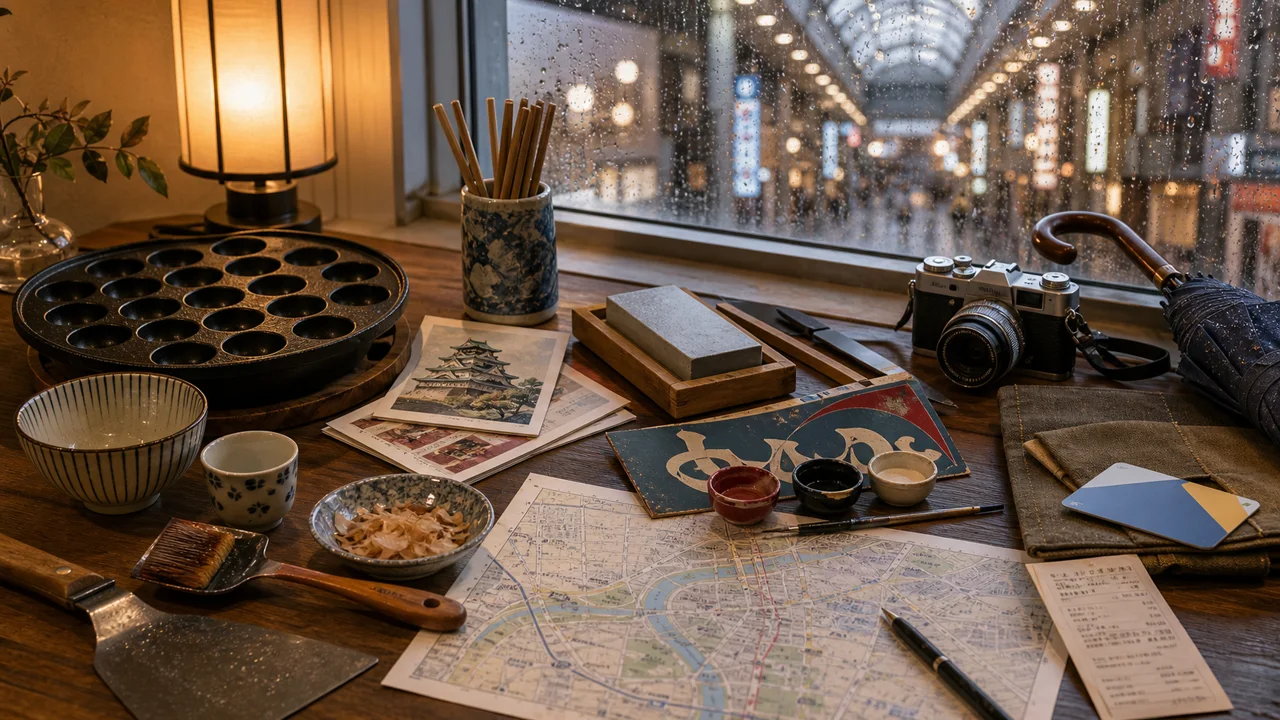 A cozy rainy-day Osaka planning table with takoyaki pan, cooking tools, knife stone, retro sign-painting sample, umbrella, camera, route map, and covered arcade lights beyond the window.