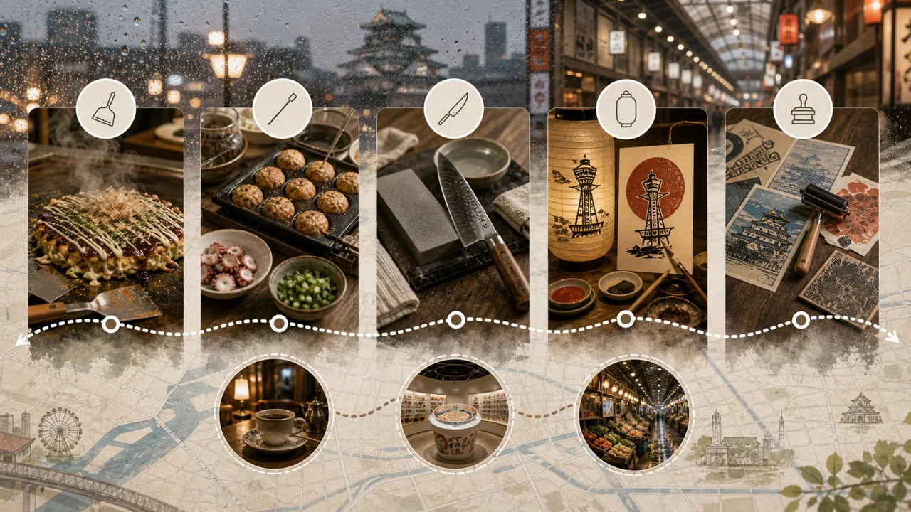 A rainy-day Osaka activity map showing five indoor food and culture anchors connected by a sheltered route.
