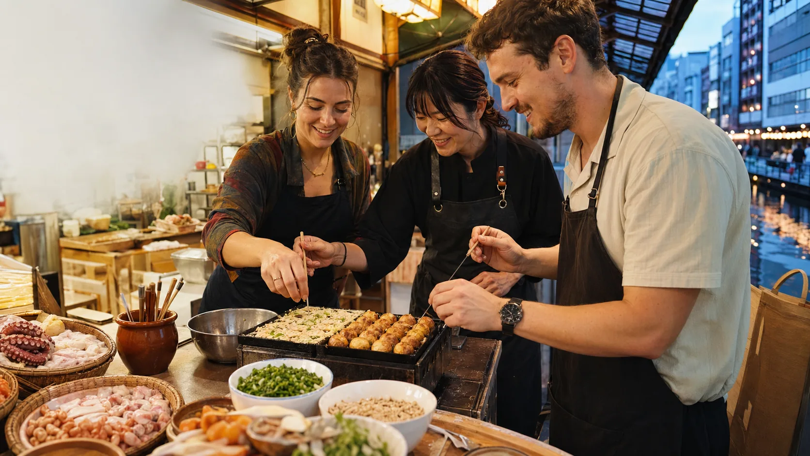Travelers making takoyaki with a local host during an Osaka food workshop near a market and evening canal.
