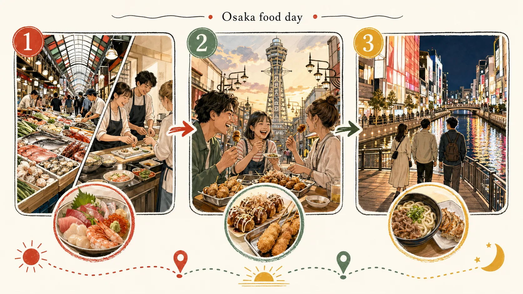 Osaka food day route from Kuromon market and cooking class to Shinsekai snacks and a Dotonbori canal finish.