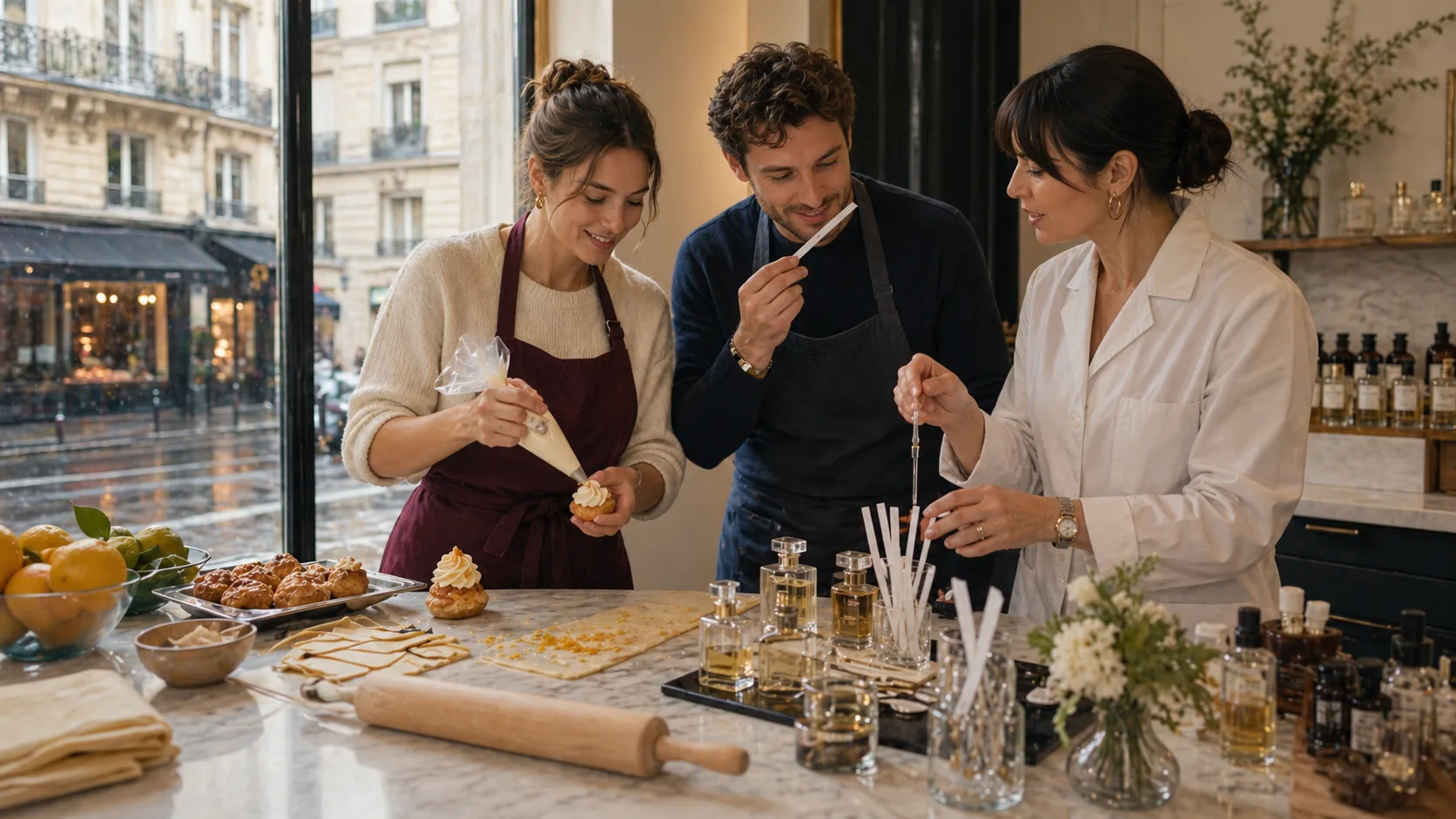Travelers learning pastry piping and fragrance notes with a Parisian host in a refined afternoon atelier.