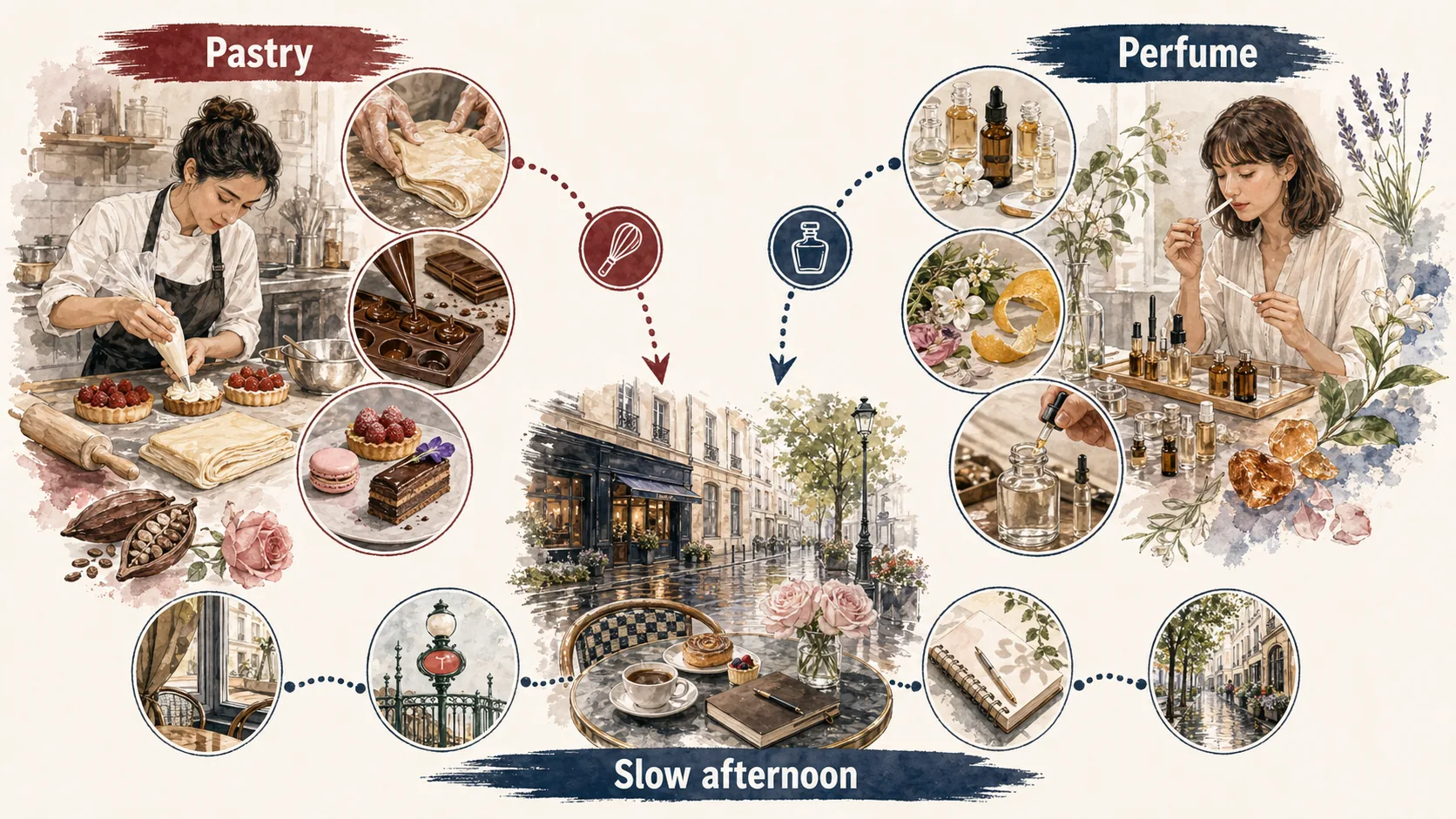 Paris slower afternoon route showing pastry class, perfume workshop, and a quiet cafe finish.