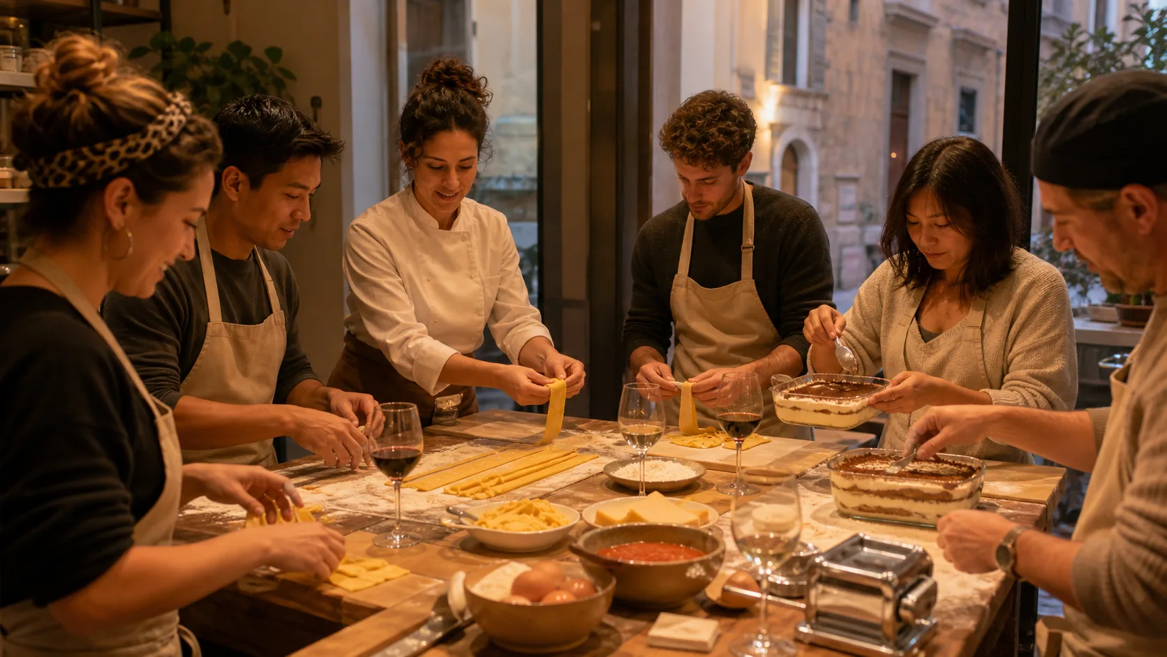 Travelers making fresh pasta and tiramisu with a Roman chef during a first-evening cooking class.