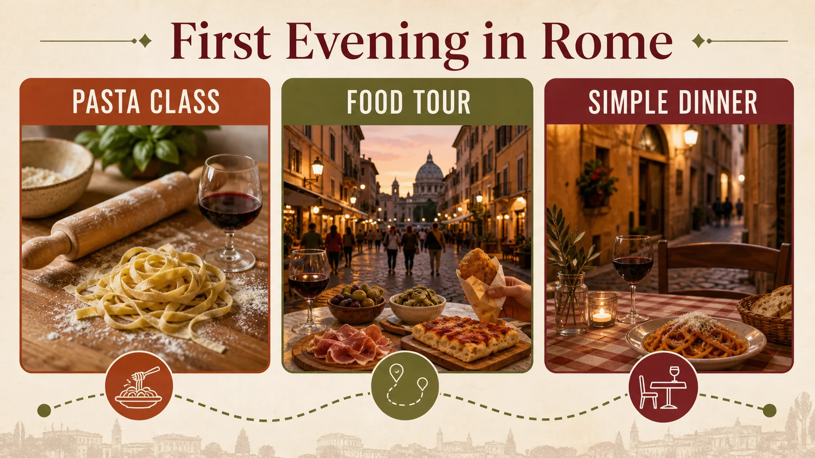 Rome first evening food decision showing pasta class, food tour, and simple dinner options.