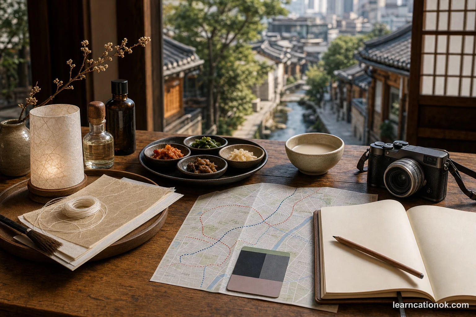 A calm first-trip Seoul planning table with a notebook, transit card, hanji paper, banchan, scent bottles, a palace route map, and a Cheonggyecheon-style stream reset.