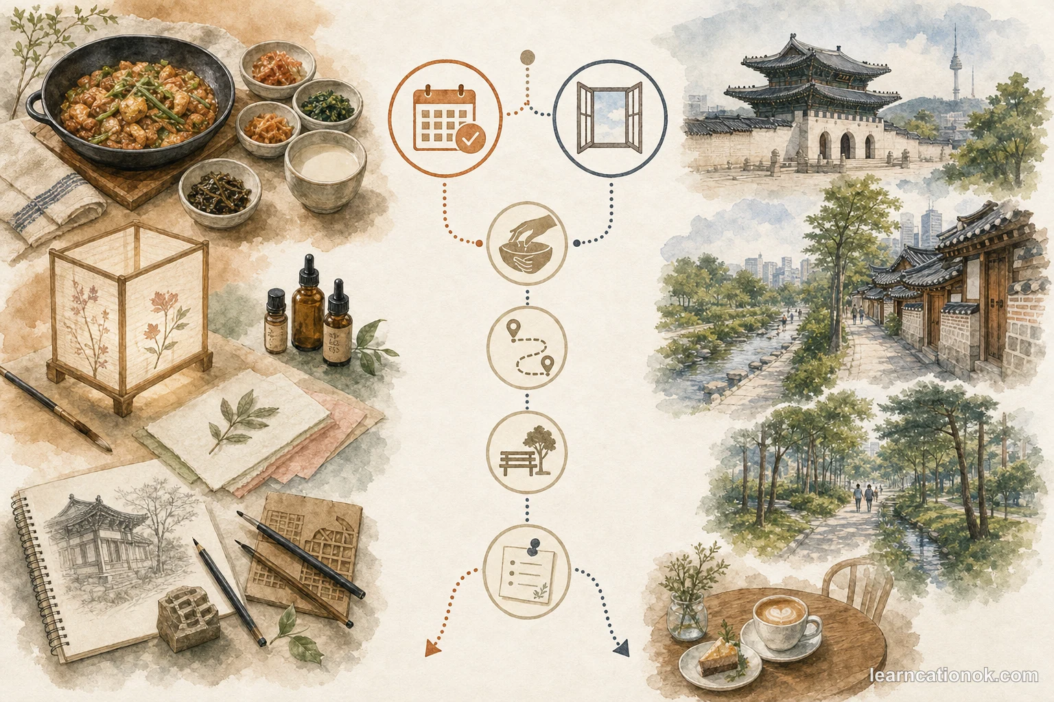 A visual guide for a first Seoul trip showing booked learning anchors, open palace and hanok windows, food decisions, and stream or park reset paths.