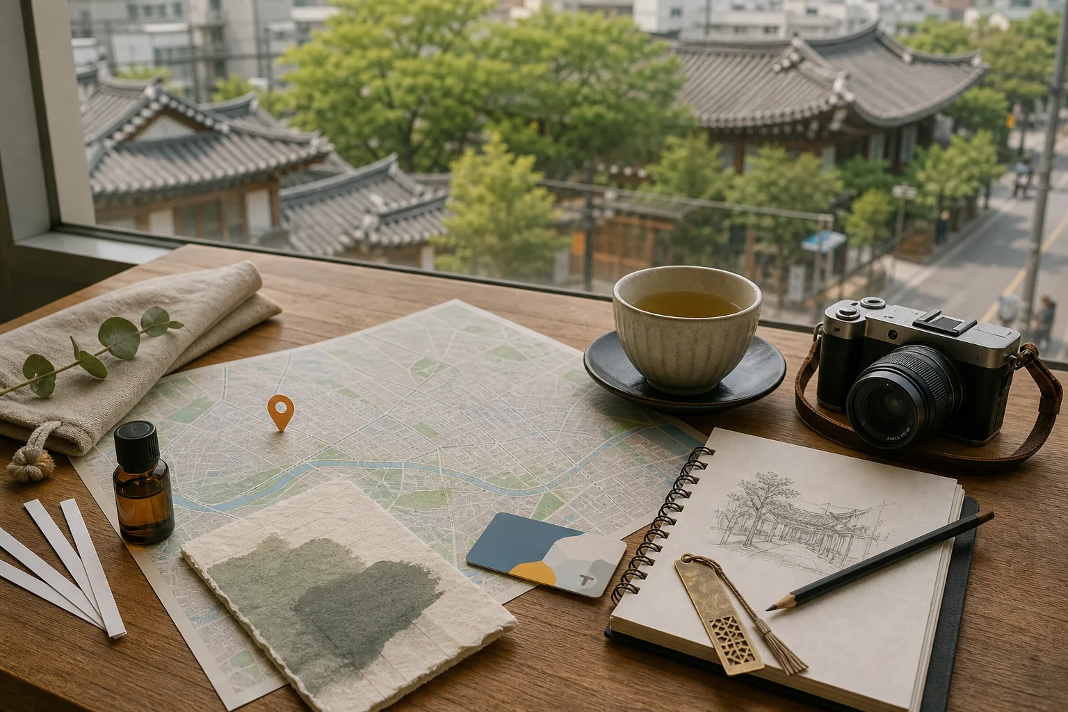 A calm Seoul rest-day planning table with tea, scent strips, hanji paper, a sketchbook, a brass bookmark, a camera, and a soft city map by a quiet window.
