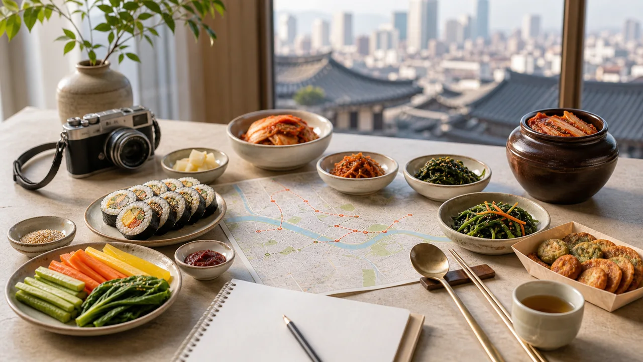A calm Seoul food planning table with kimbap, kimchi, banchan, market snacks, tea, camera, notebook, and a Seoul route map by a bright window.
