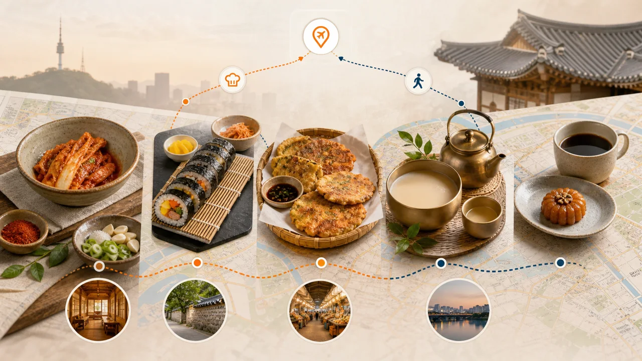 Seoul first-day food decision visual showing five anchors: Korean cooking class, banchan lab, market food route, makgeolli reset, and dessert stop.