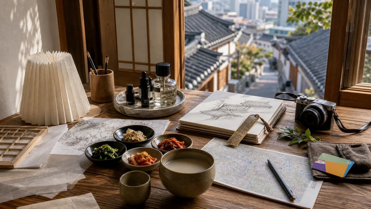 A calm Seoul cultural planning table with hanji paper lamp materials, scent bottles, banchan, makgeolli, a brass bookmark, sketchbook, camera, transit card, and Bukchon rooflines.