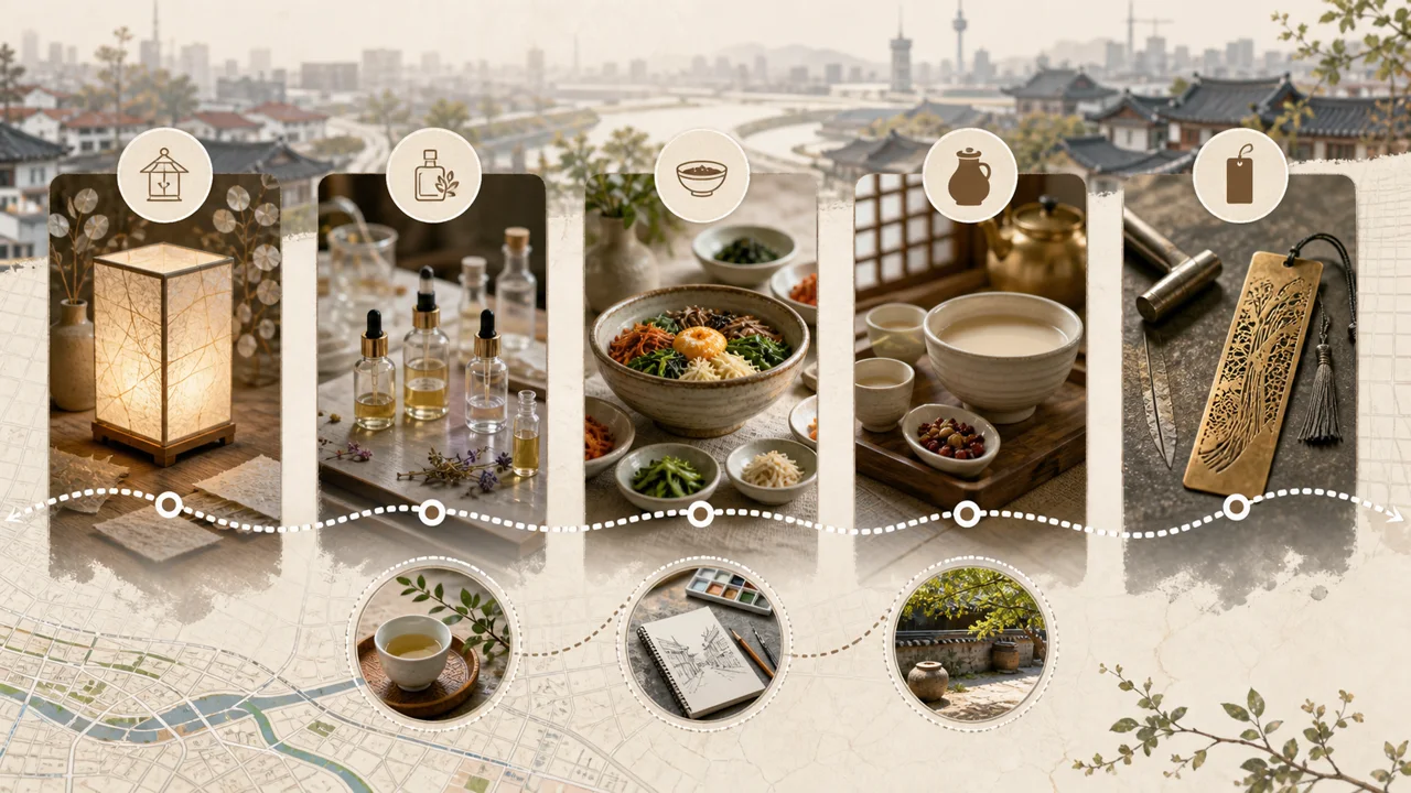 A Seoul cultural experience map showing five first-time visitor anchors connected by a calm dotted route.