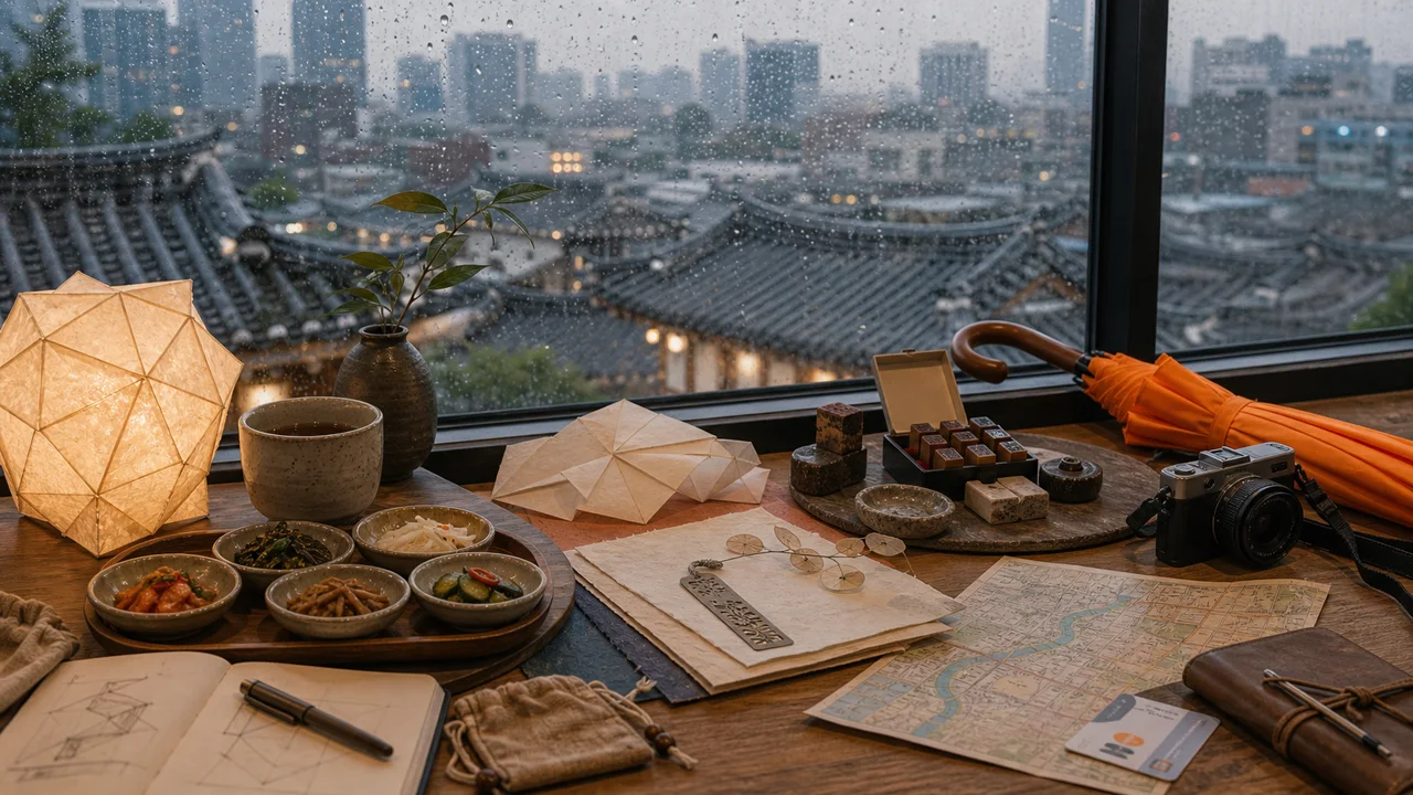 A rainy Seoul planning table with hanji paper lamp pieces, ink stamp tools, metal bookmark craft, banchan, tea, an umbrella, a camera, and a city map by a rain-covered window.