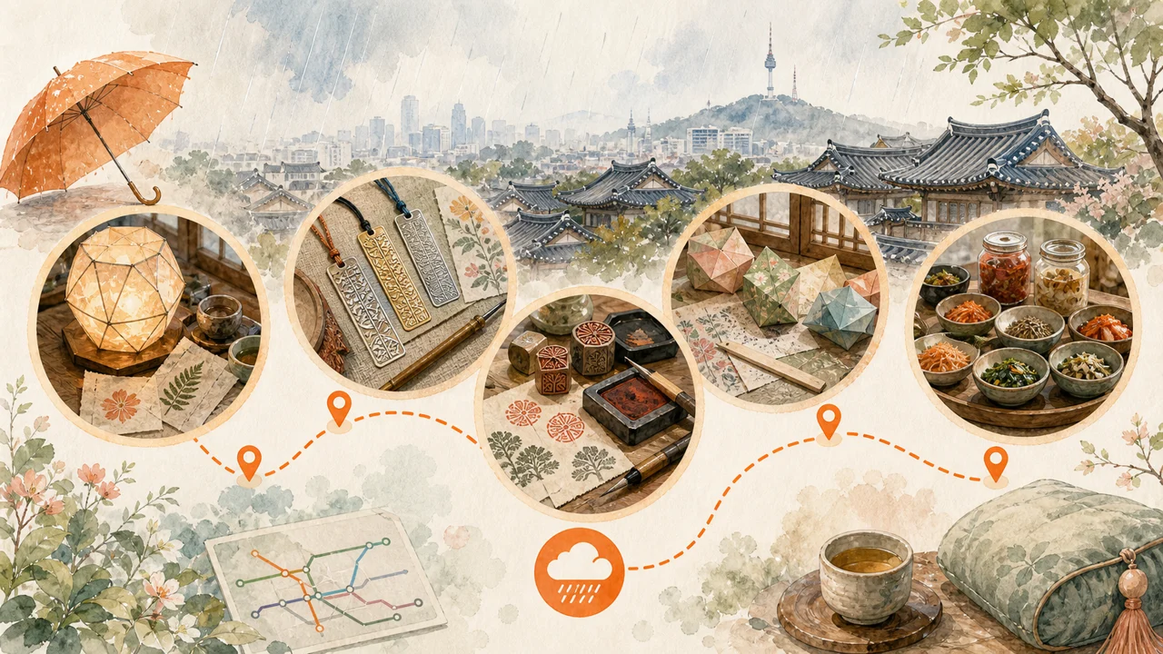 A rainy-day Seoul activity map showing five cultural indoor anchors connected by a soft route.