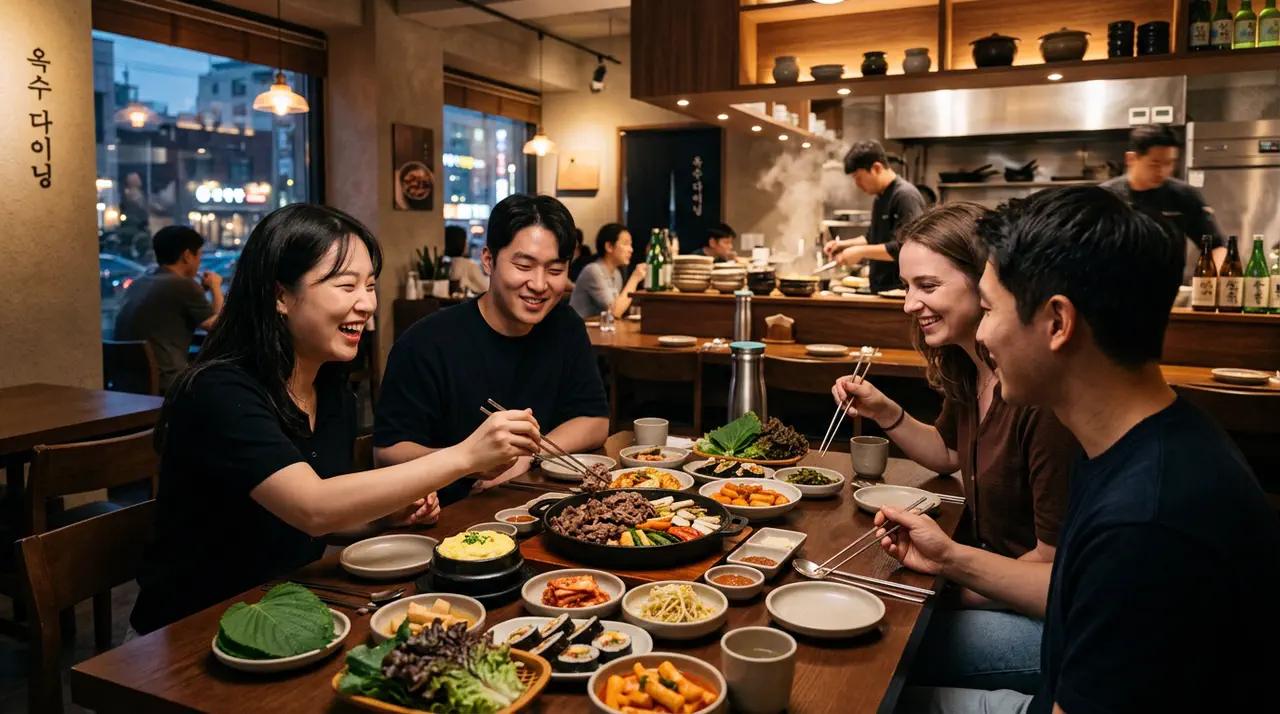 Travelers sharing a lively Korean meal in a Seoul restaurant.