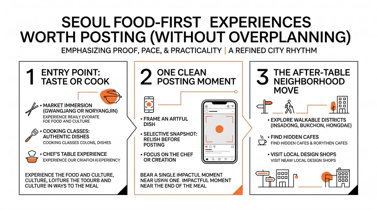 Infographic showing a Seoul food-first rhythm: start with tasting or cooking, capture one clean posting moment, then continue into a nearby neighborhood.