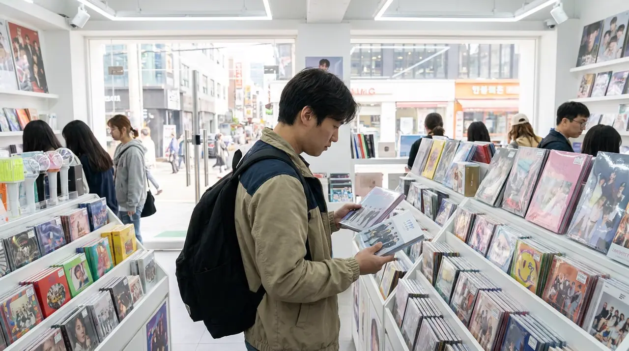 A shopper comparing K-pop albums inside a bright Seoul record and merch store.