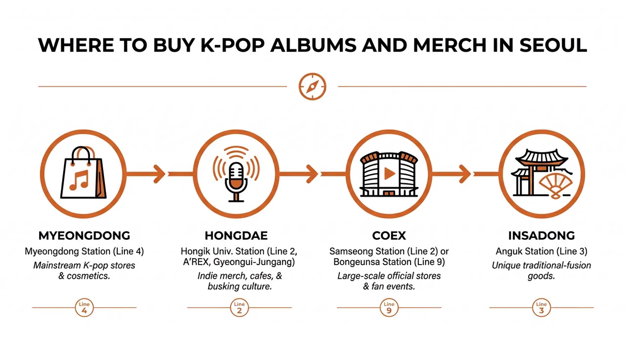 Infographic showing a Seoul K-pop shopping route through Myeongdong, Hongdae, COEX, and Insadong with station guidance.