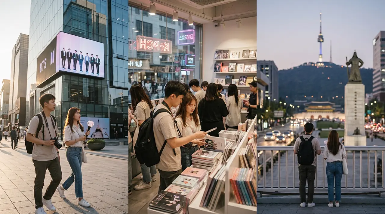 A three-panel collage of K-pop fan moments in Seoul, including Gangnam billboards, album shopping, and a city-view finish.