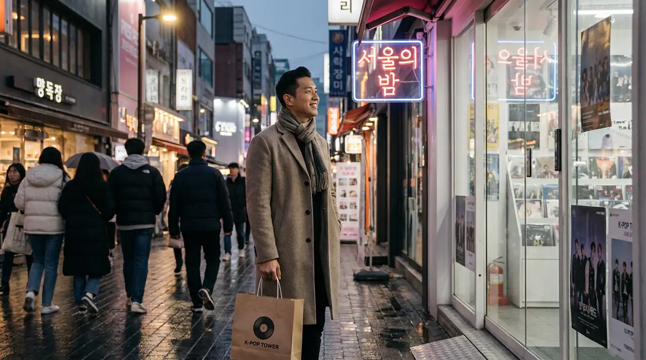 A K-pop fan carrying a merch bag along a neon-lit Seoul shopping street at night.
