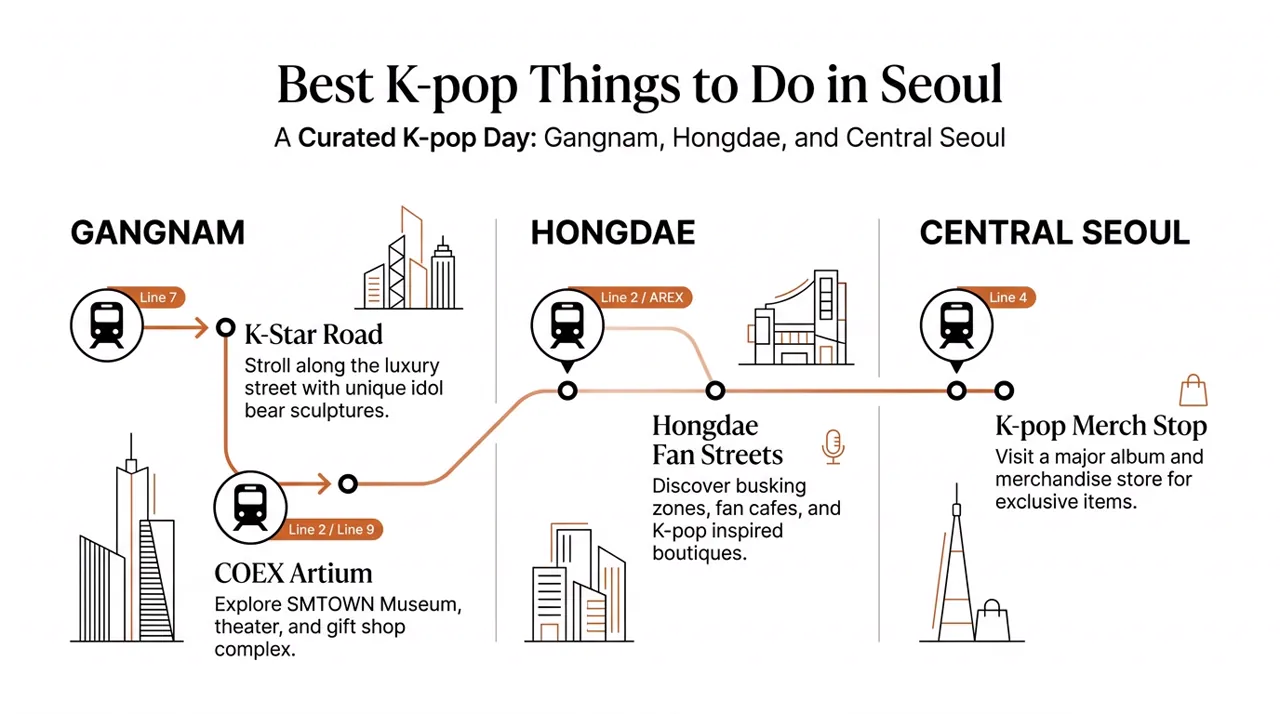 Infographic mapping a K-pop day across Gangnam, Hongdae, and central Seoul with subway stops and fan-friendly activities.