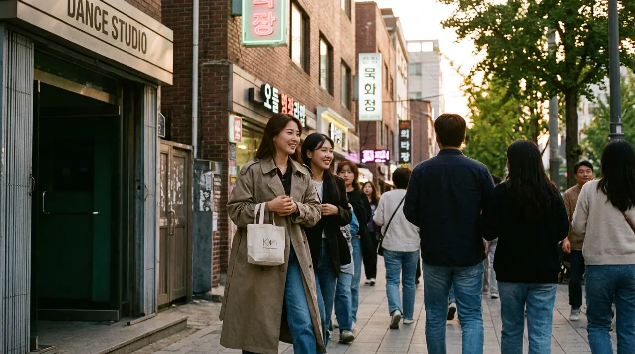 Two travelers walking past a Seoul dance studio at golden hour before a beginner K-pop class.