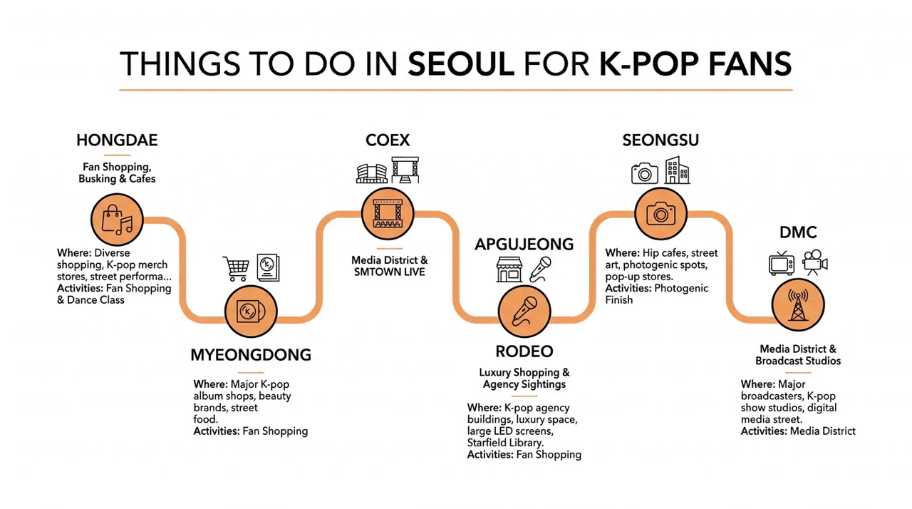 Infographic showing a one-day Seoul itinerary for K-pop fans across Hongdae, Myeongdong, COEX, Apgujeong Rodeo, Seongsu, and DMC.