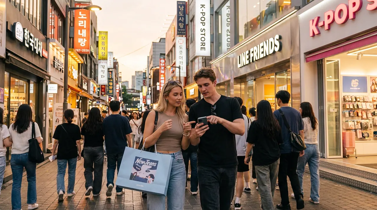 Two foreign travelers checking a phone and carrying K-pop merch on a lively Seoul shopping street at golden hour.