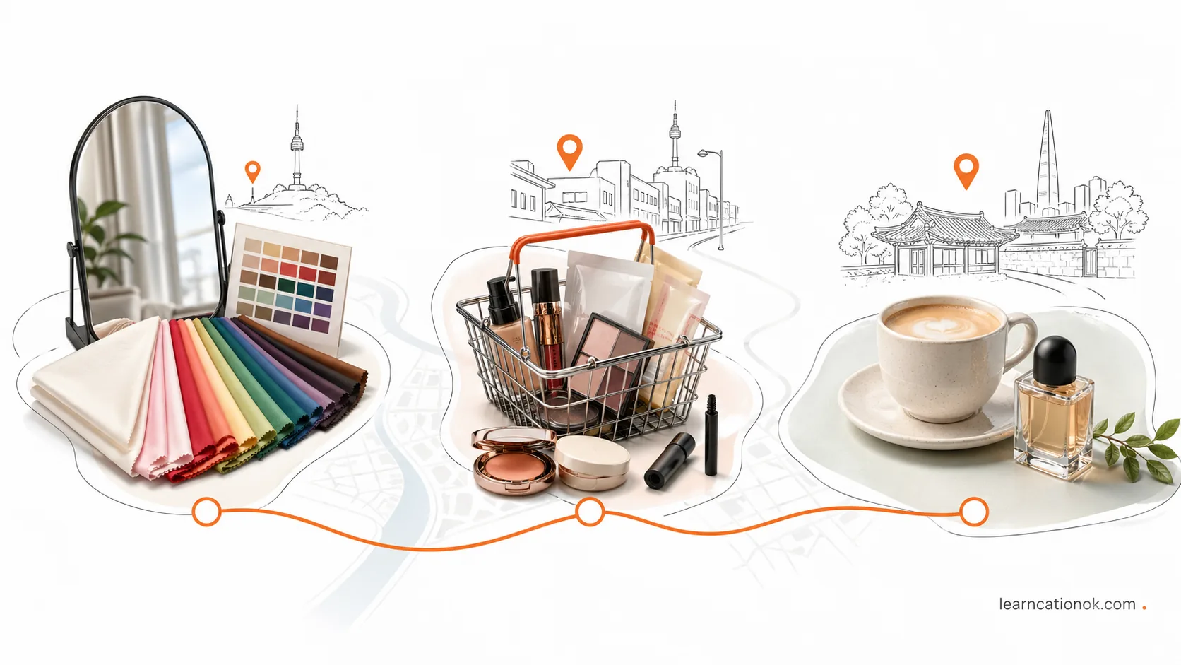 Three-step Seoul K-beauty rhythm showing color analysis, beauty shopping, and a relaxed cafe or fragrance finish.