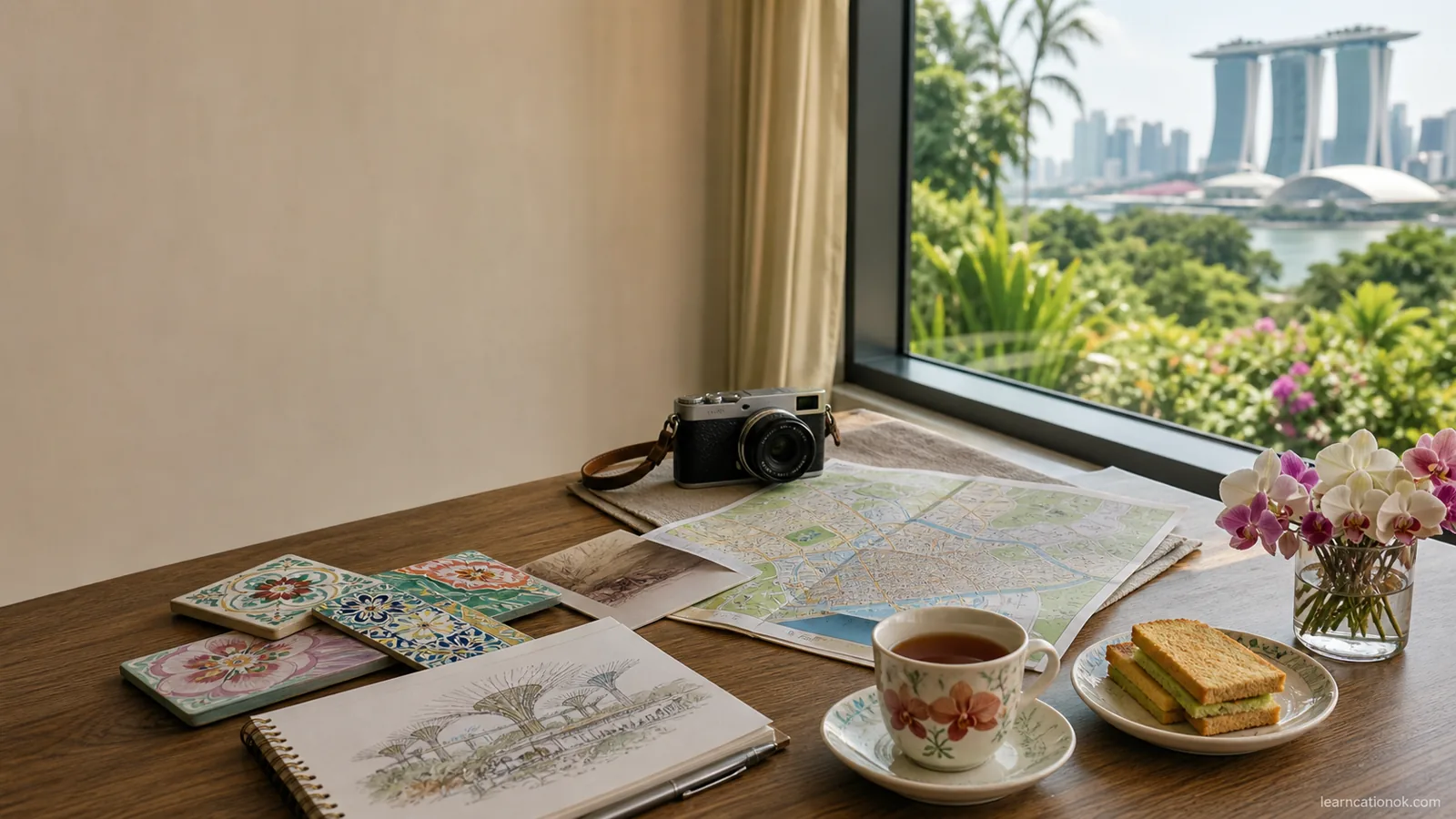 A quiet Singapore planning table with orchid tea, kaya toast, Peranakan tile samples, a map, a sketchbook, a camera, and a soft Marina Bay garden view.