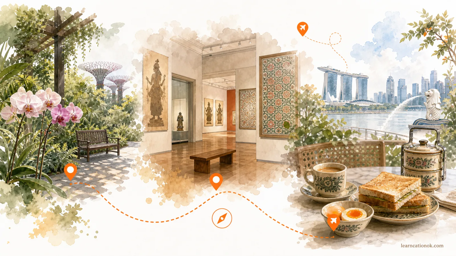 A low-energy Singapore route showing one garden pause, one museum or pattern room, and one soft food or tea reset.