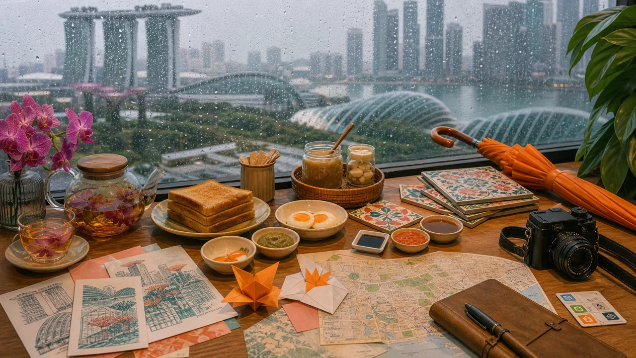 A rainy Singapore planning table with orchid tea, kaya toast, hawker sauce bowls, Peranakan tile samples, print sheets, an umbrella, a camera, and a city map by a rain-covered window.