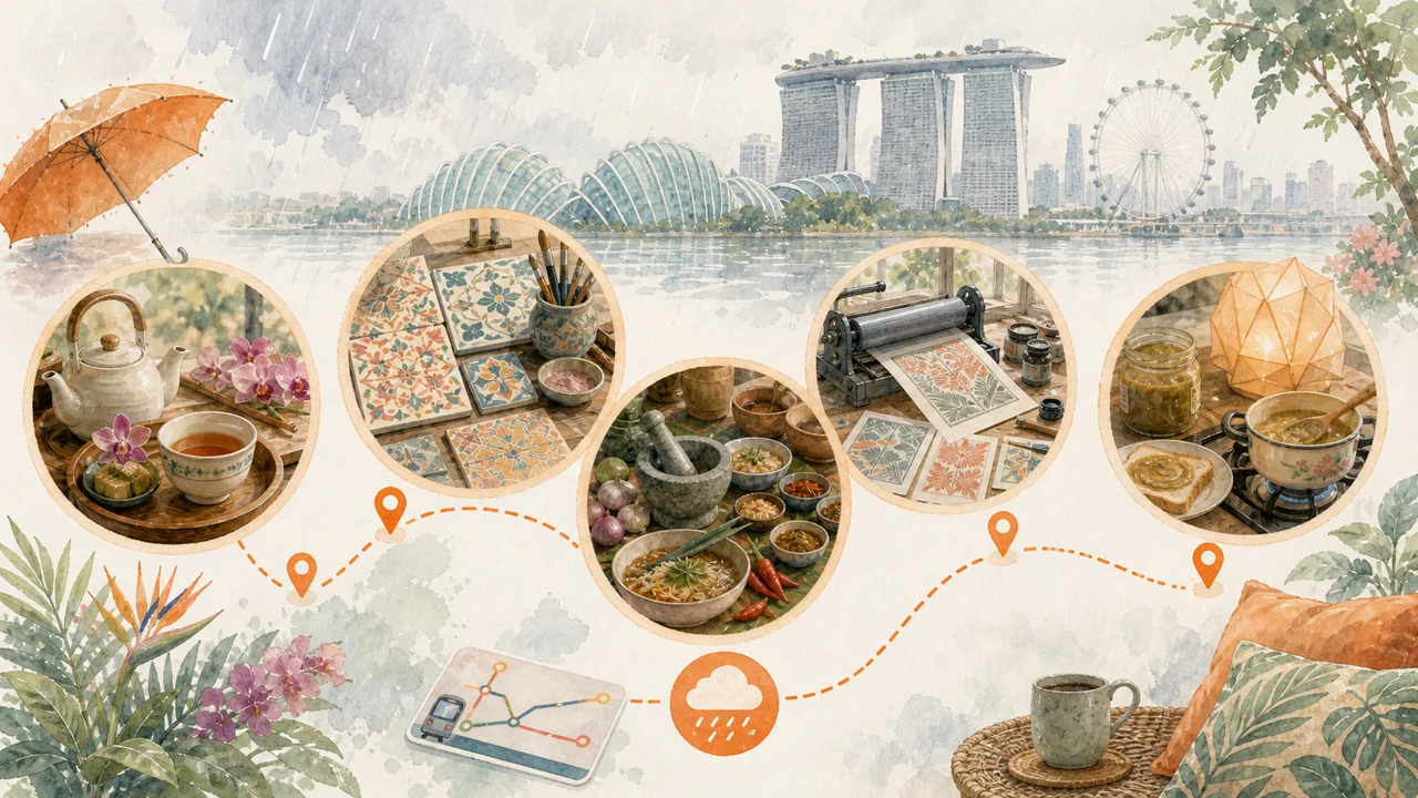 A rainy-day Singapore activity map showing five indoor food, tea, pattern, and print anchors connected by a soft route.