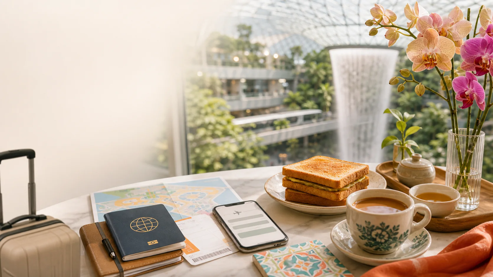 A calm Changi Airport stopover planning table with passport, boarding pass, phone, kaya toast, kopi, orchids, and Jewel greenery in the background.