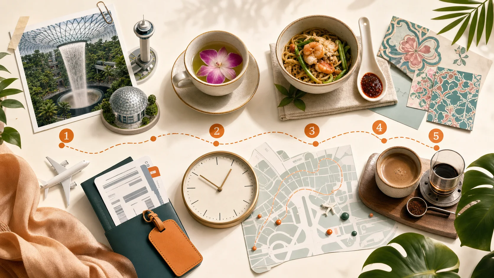 Singapore Changi stopover decision visual showing five low-friction anchors: Jewel, orchid tea, hawker culture, Peranakan pattern, and kopi.