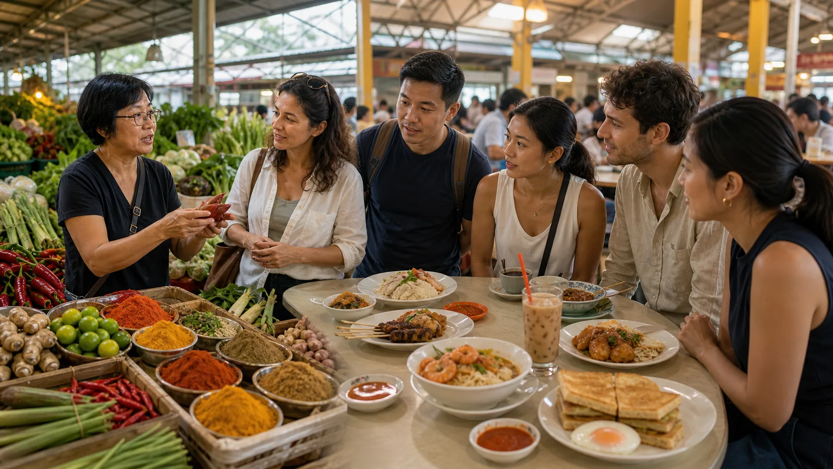 Travelers listening to a local guide at a covered Singapore hawker centre and wet market on a first full day.
