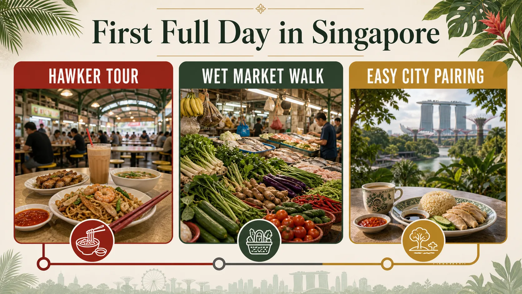 Singapore first full day food decision showing hawker tour, wet market walk, and easy city pairing.