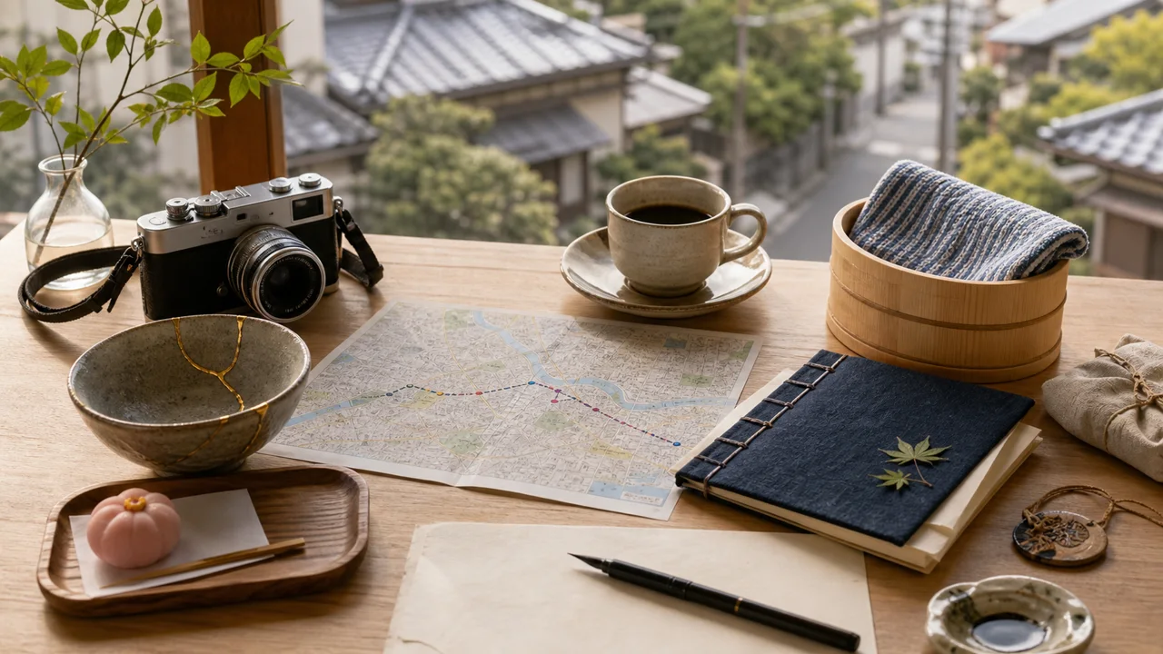 A calm Tokyo planning table with a kintsugi bowl, coffee cup, bath towel, notebook, brush pen, camera, and route map by a quiet neighborhood window.