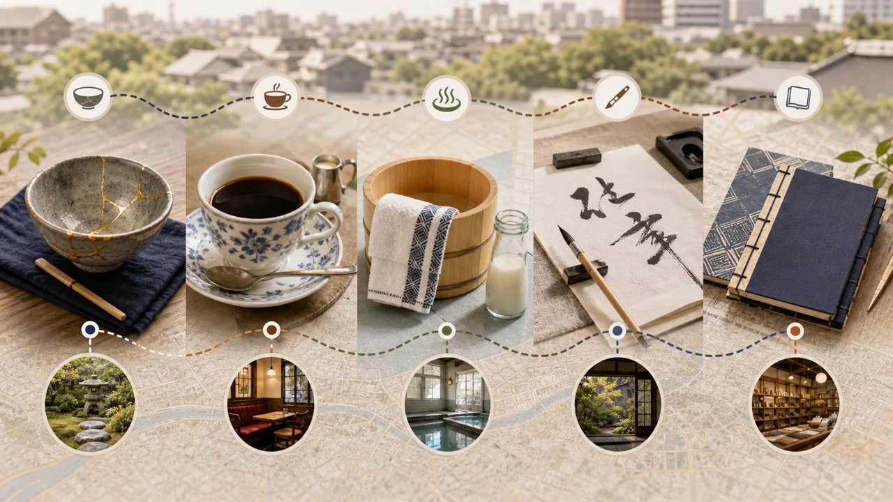 A calm Tokyo experience map showing five quiet anchors and soft reset stops for travelers who feel overwhelmed.