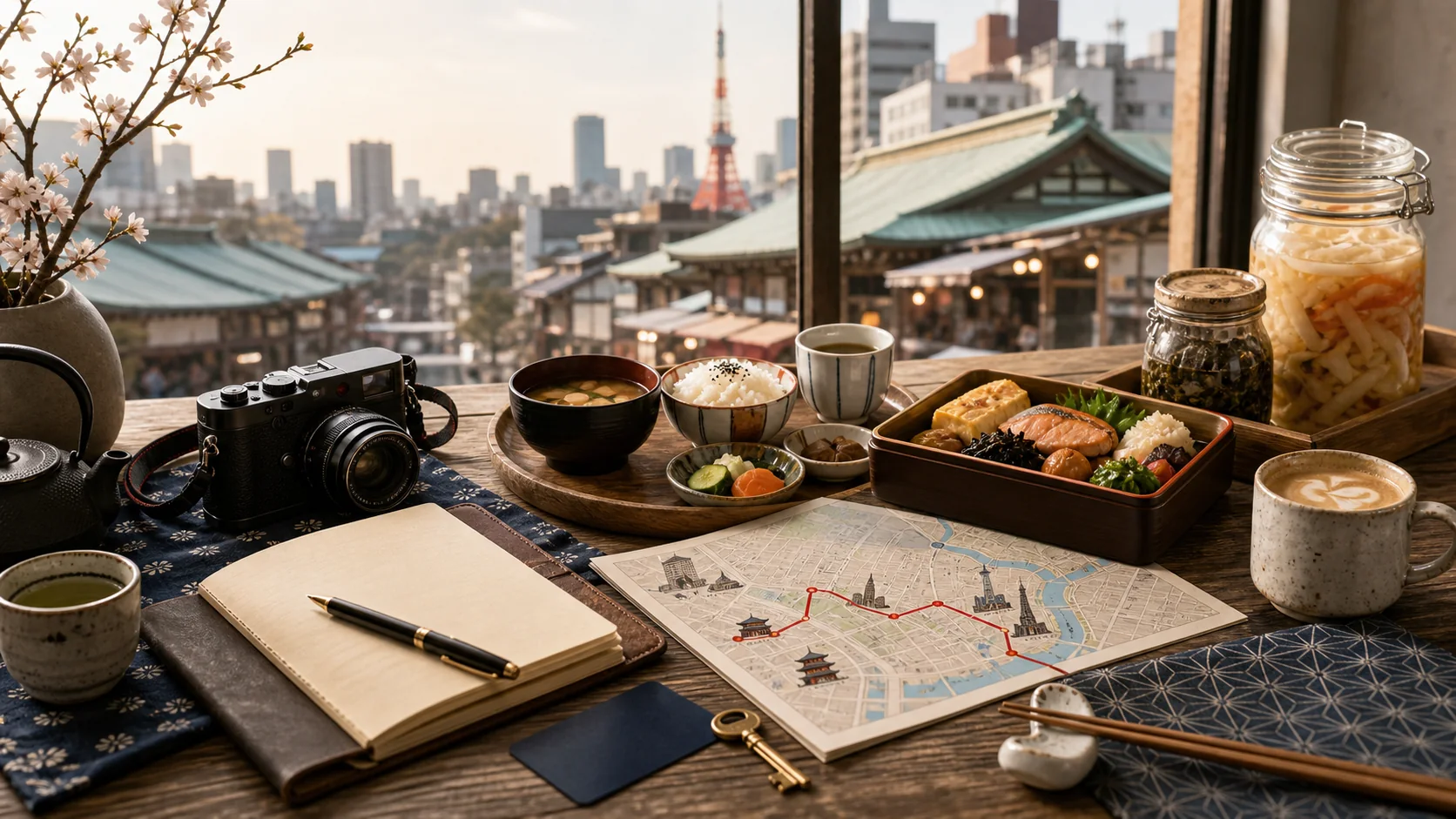 A calm Tokyo food planning table with miso soup, rice, bento, tea, coffee, fermentation jars, camera, notebook, and a central Tokyo route map.