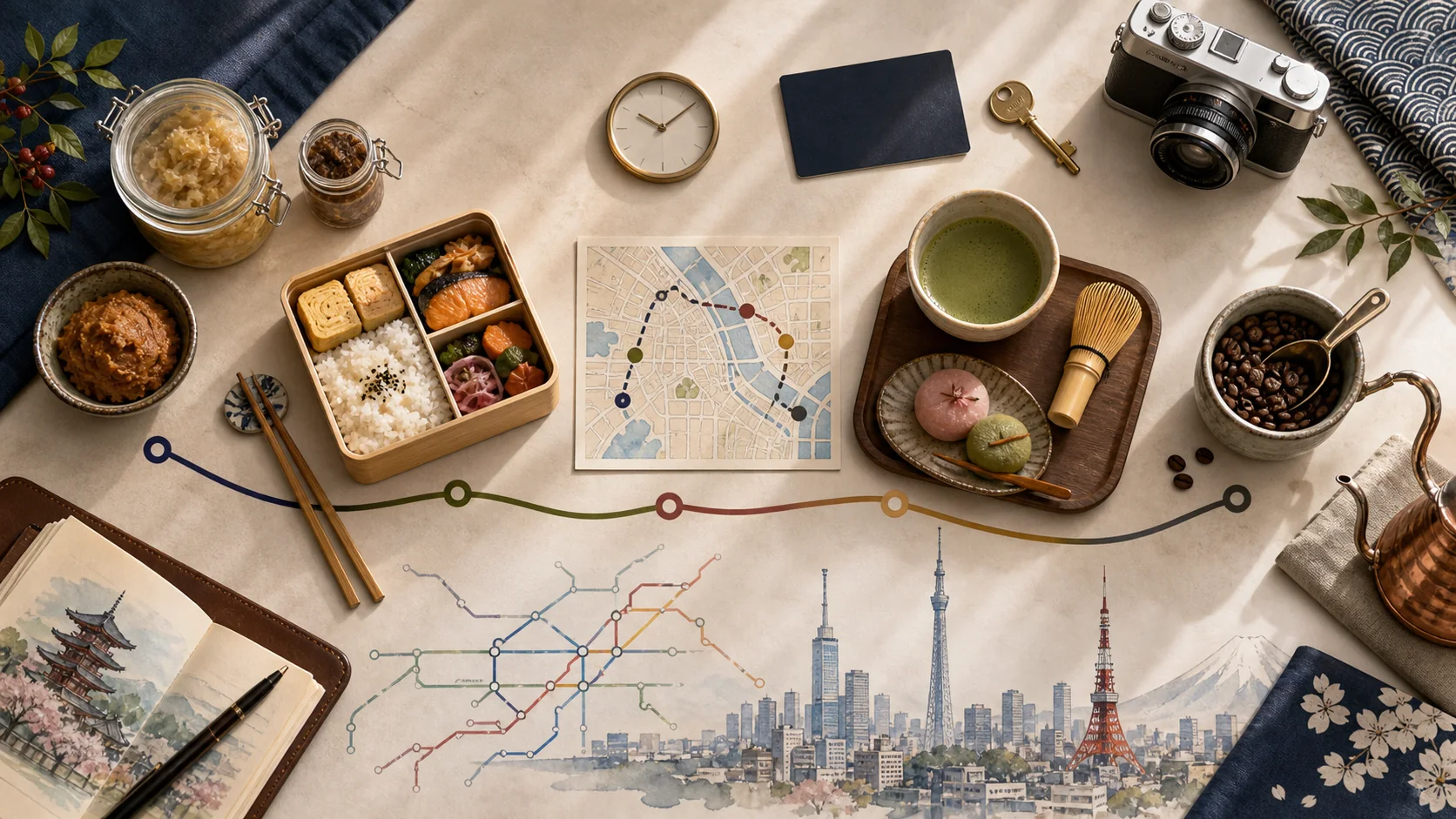 Tokyo first-full-day food decision visual showing five anchors: fermentation class, bento, food tour route, tea sweets, and coffee.