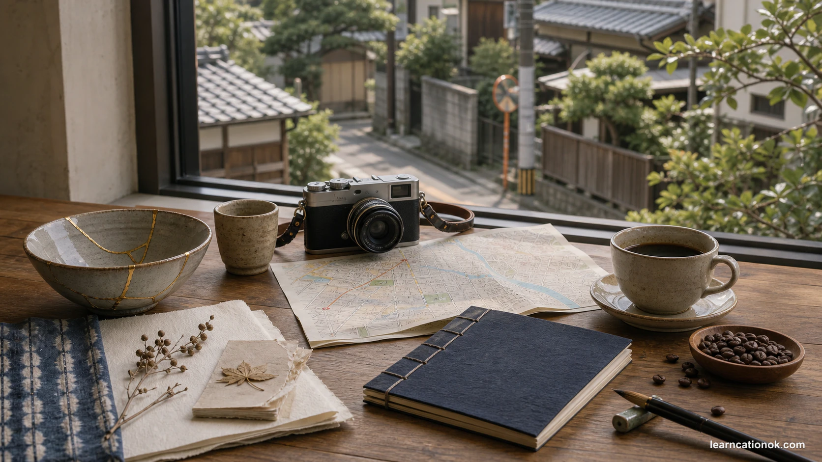 A calm Tokyo creative workshop planning visual with kintsugi repair, clay, coffee, brush paper, and a soft learn-rest rhythm.
