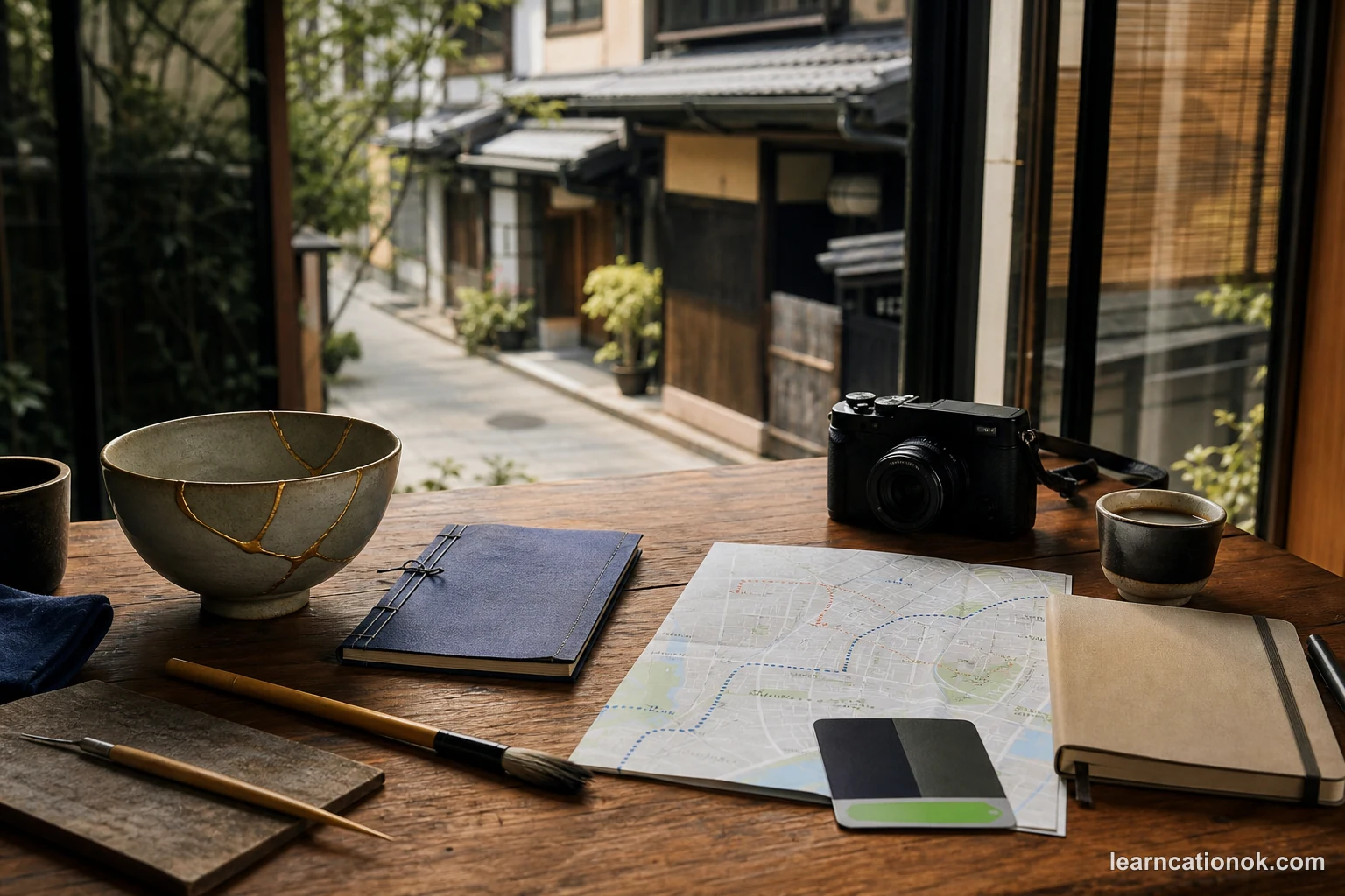 A refined Tokyo planning table comparing a hands-on workshop with a guided neighborhood tour, with kintsugi, coffee, a notebook, and a folded route map.