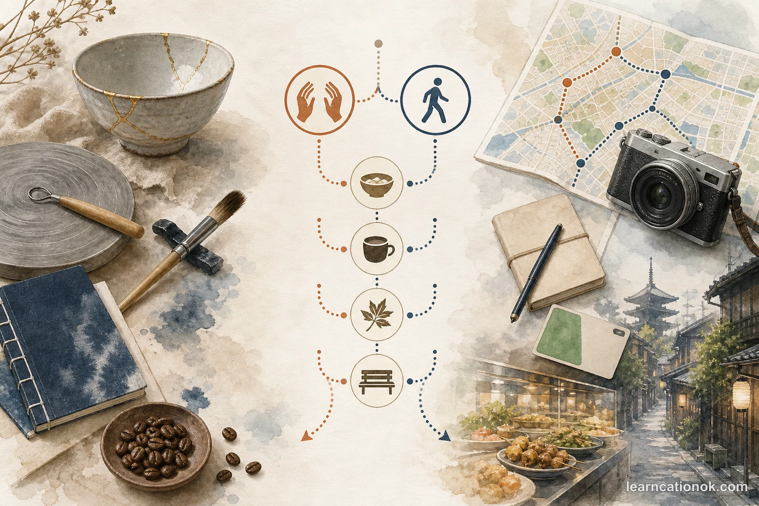 A visual guide for choosing between a Tokyo workshop and a guided tour, with craft, food, coffee, route, and reset anchors arranged around traveler energy.