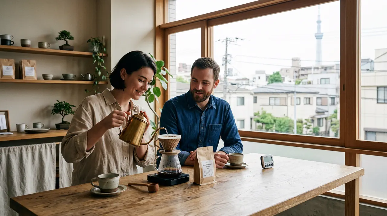 Two travelers making pour-over coffee in a quiet Tokyo studio with the Tokyo Skytree in the distance.